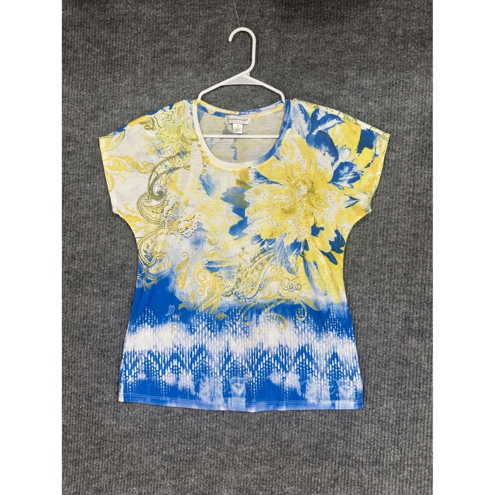 Christopher & Banks Blouse Women Medium Blue Yellow Excellent Floral Rhinestone